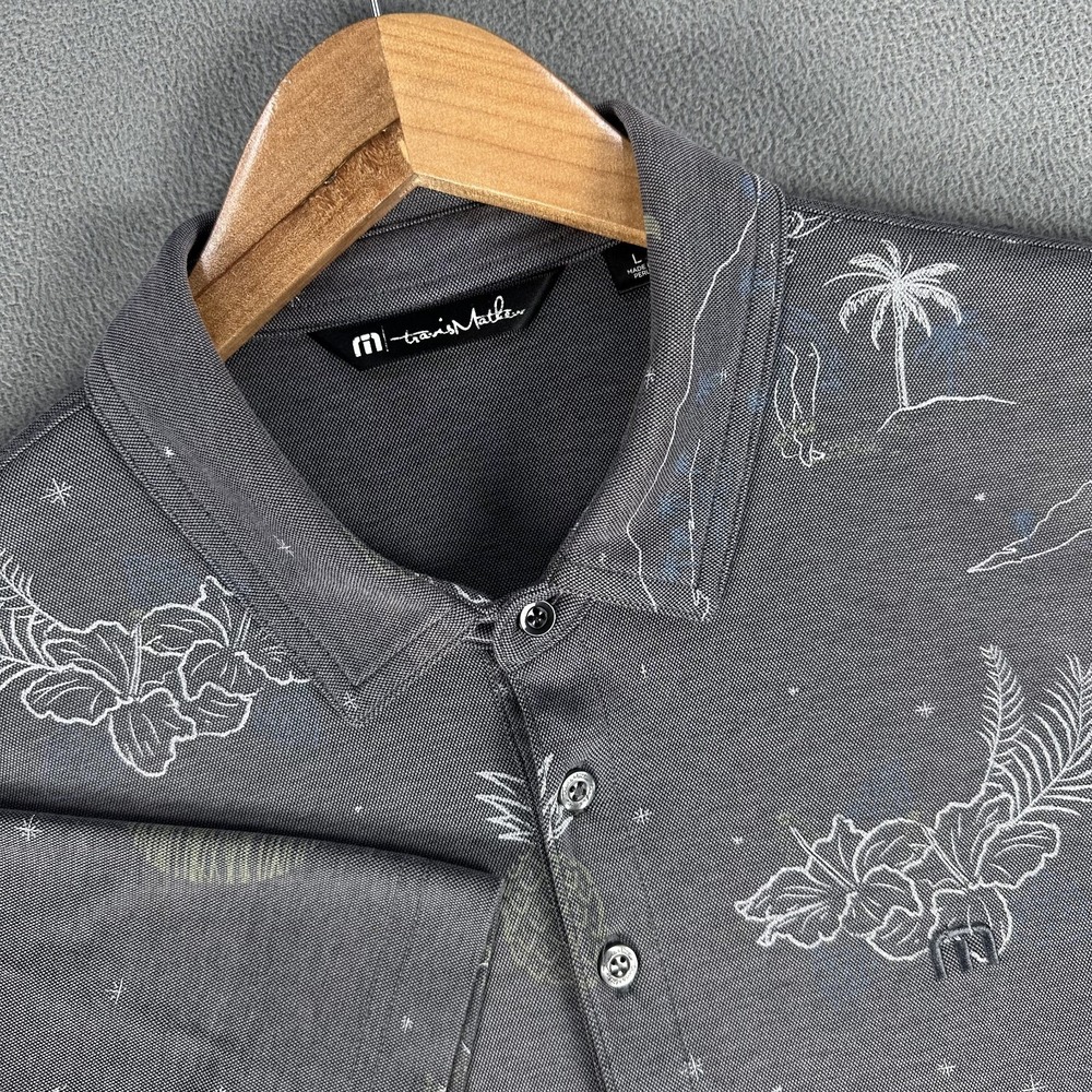 Travis Mathew Polo Shirt Mens Large Grey Floral Hawaiian Palm Tree Resort Golf